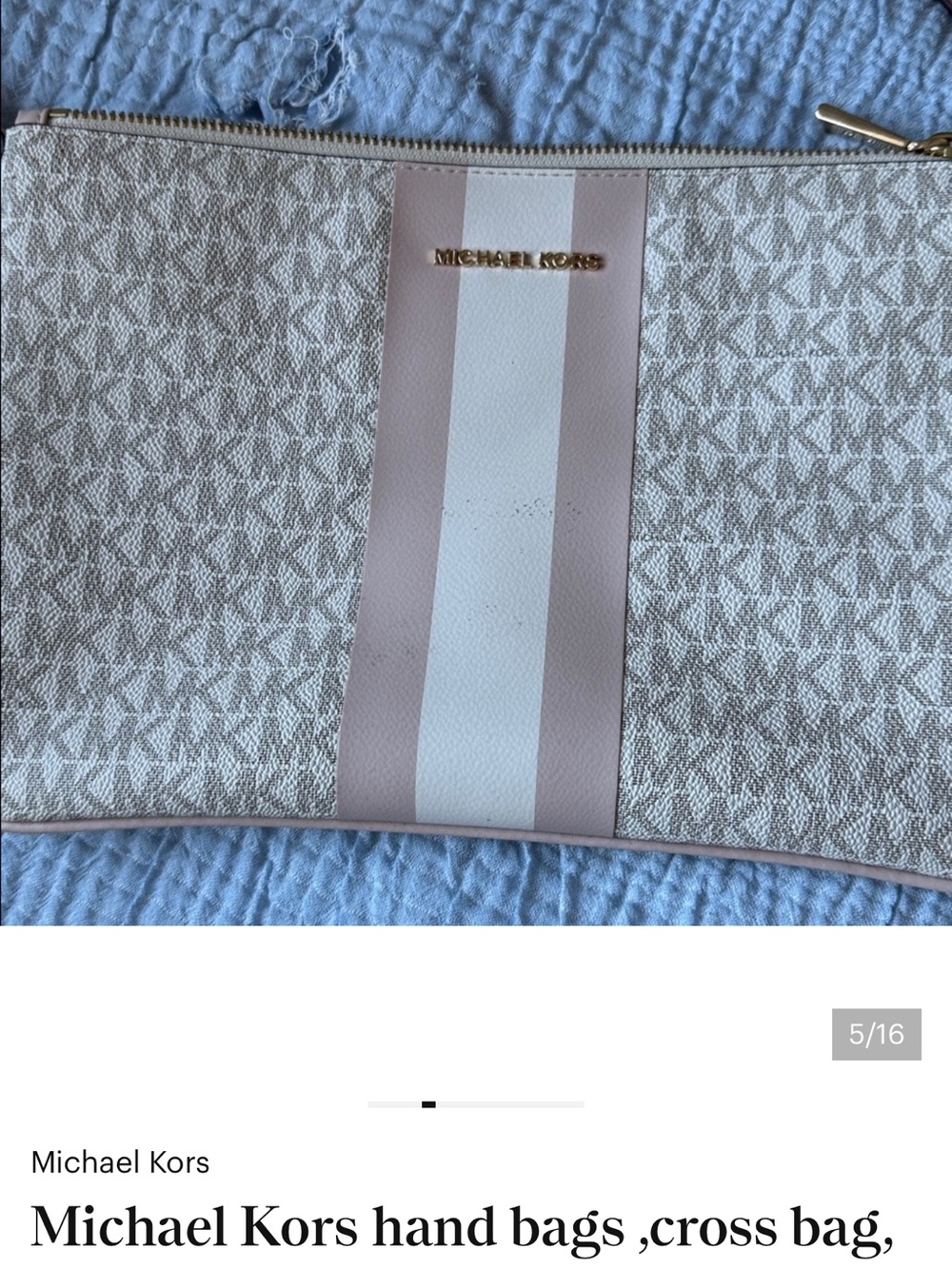 Michael Kors Pink and White Striped Pouch with Logo Trim and Michael kors purse.